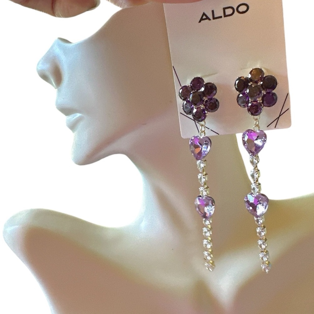 Aldo earrings gold tone purple heart crystal diamond paved long tassel drops